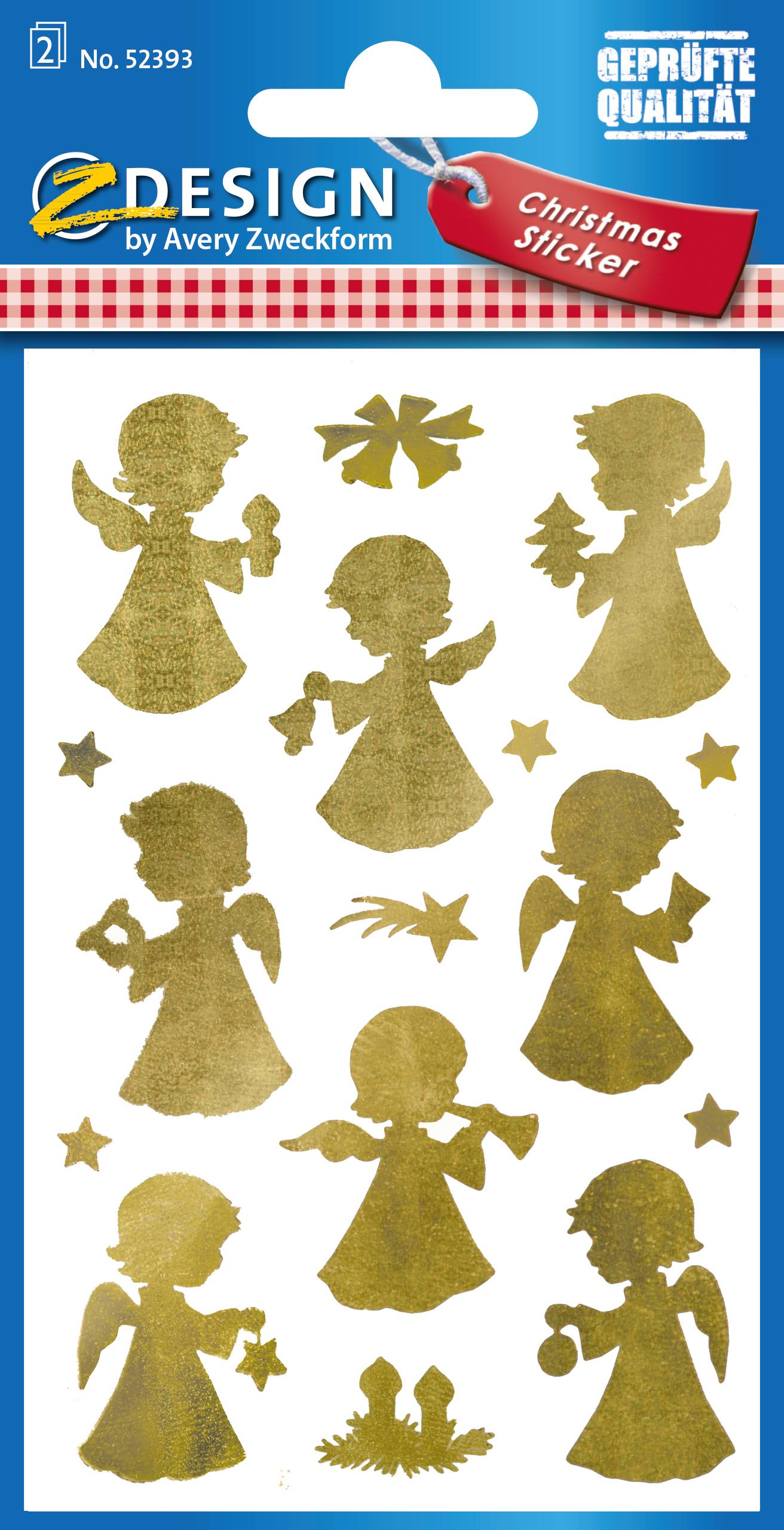 Ein Paket mit goldenen Glitter-Weihnachtsstickern, das acht Engelfiguren, Sterne und eine kleine Krippe auf weißem Hintergrund zeigt.