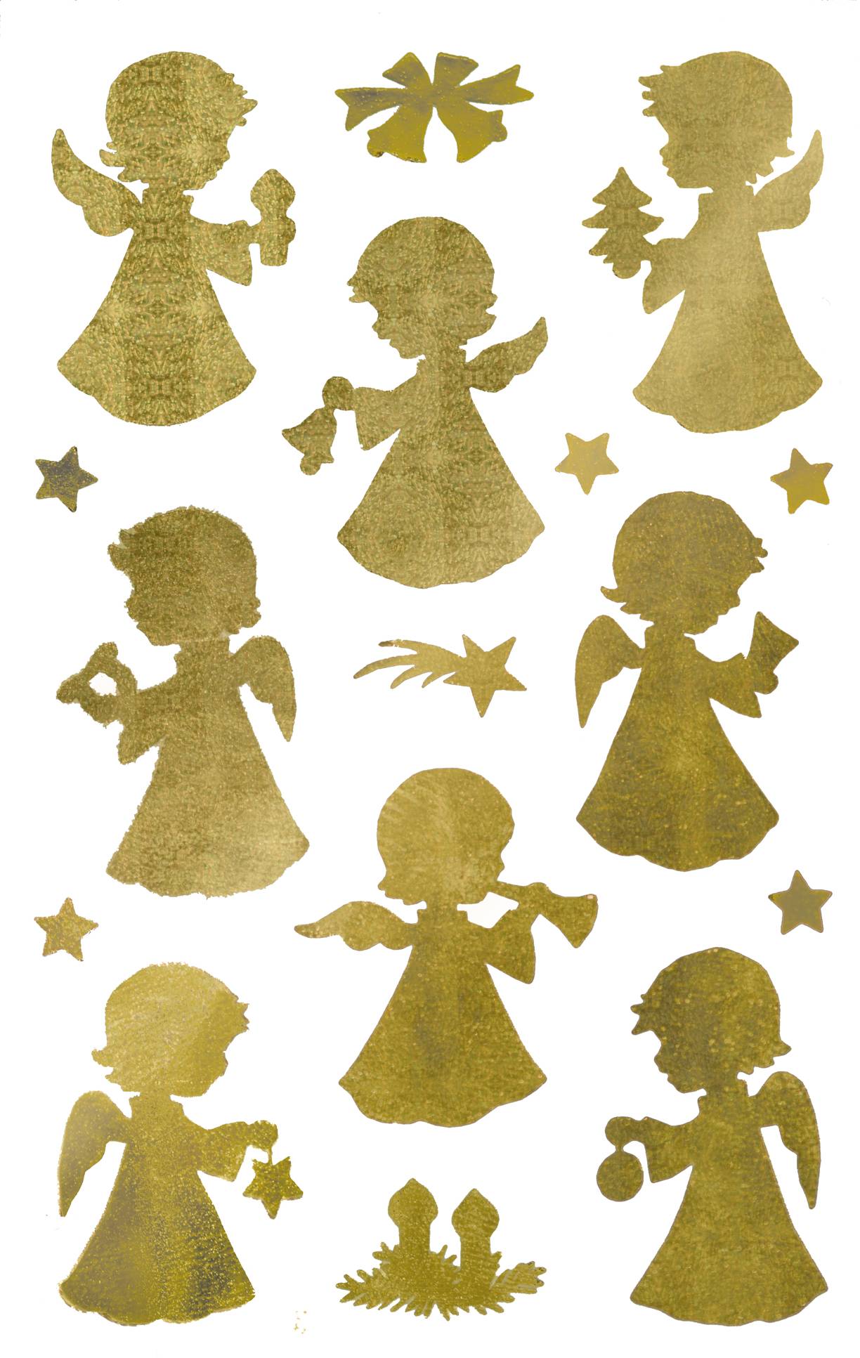 Goldglitter-Engelsilhouetten und Sterne auf weißem Untergrund angeordnet, wie ein Weihnachtsdekoblatt.