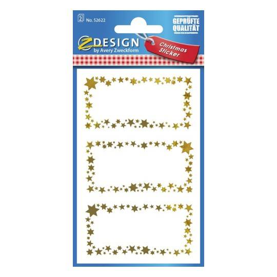 Packung mit drei goldenen Stern-Rand-Weihnachtsstickern auf einer blauen Rückseite, gekennzeichnet mit „Design
