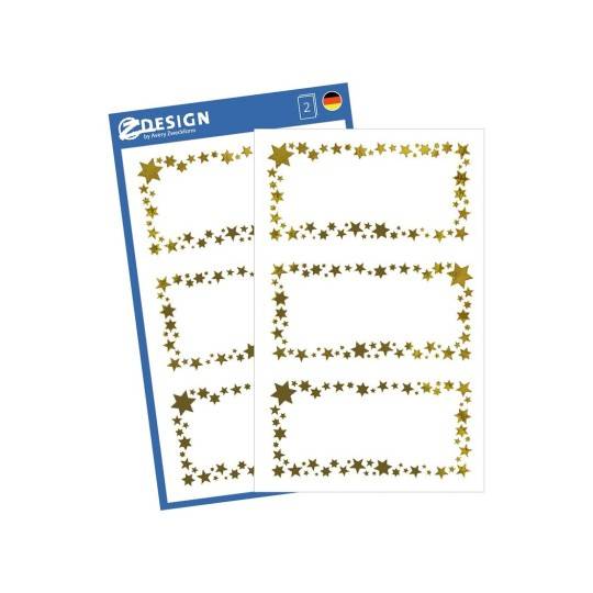 Zwei Blätter goldener sternförmiger Rahmenaufkleber in einer blauen Packung mit „Z DESIGN", mit jeweils drei leeren rechteckigen Rahmen pro Blatt.