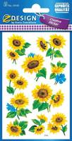 Paket mit dekorativen Sonnenblumen- und blauen Blumenstickern auf einem weißen Blatt, gekennzeichnet mit „Design