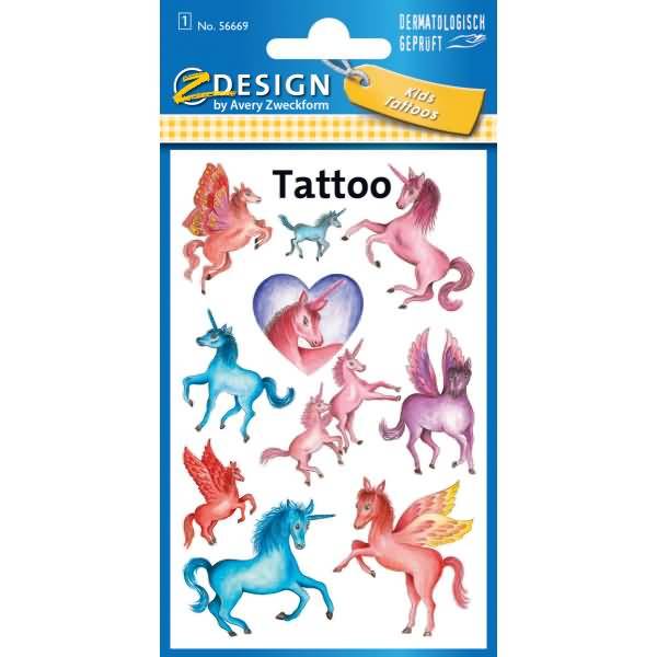 Tattoos 76x120mm beglimmert 1 Bogen Motiv Einhörner Pegasus