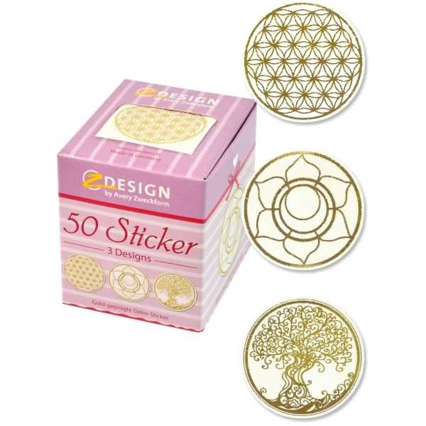 Sticker auf Rolle Motiv Lebensblume,-baum rund 38mm 3 Motive 50 Stück