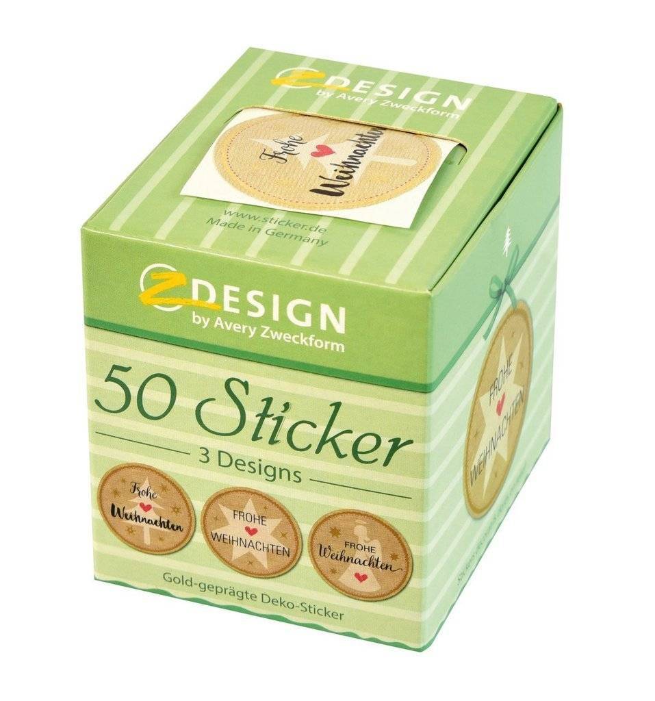 Grüne Z-Design von Avery Zweckform Aufkleberbox mit 50 gold-geprägten Weihnachtsaufklebern in 3 Designs.