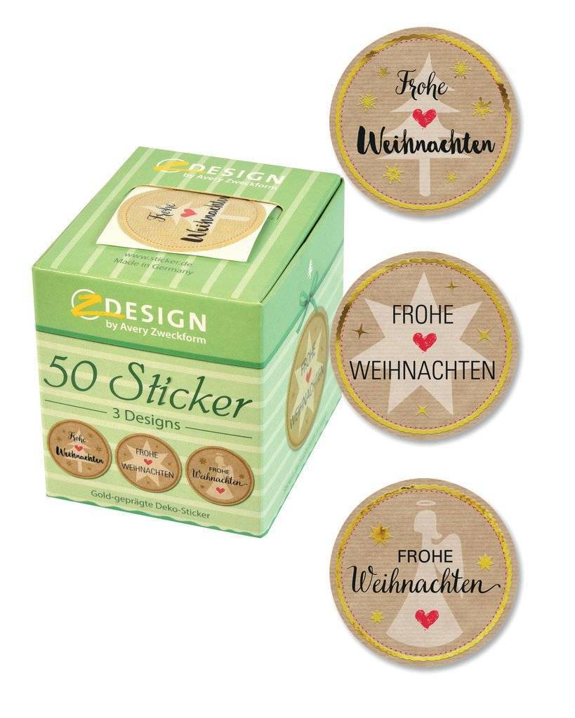 Packung mit 50 Weihnachtsstickern von 2Design mit drei runden „Frohe Weihnachten