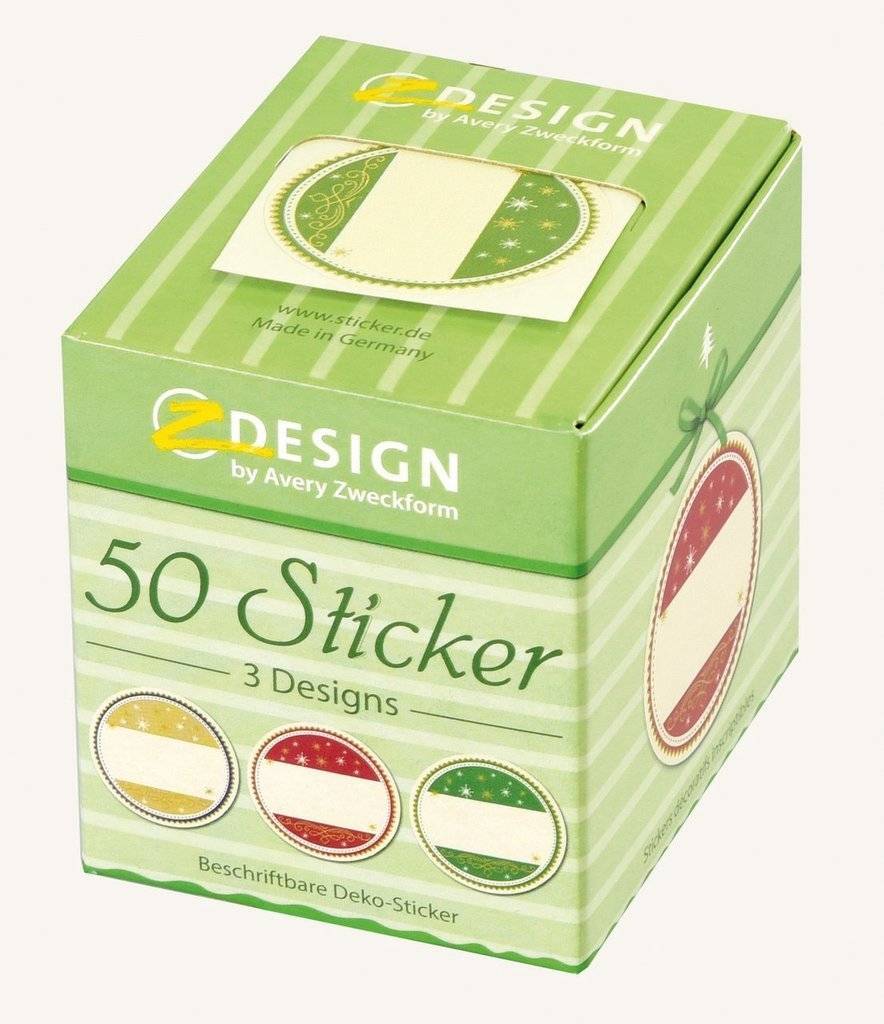 Grüne Box mit Avery Zweckform 'Z Design' Dekorstickern, beschriftet mit '50 Sticker' und '3 Designs', mit Beispielbildern von ovalen Stickern im Feiertagsstil.