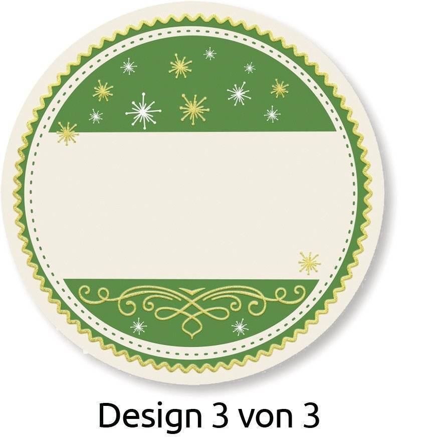 Grünes kreisförmiges Dekorationsetikett mit Strahlenakzenten, leerem Mittelpunkt und Text „Design 3 von 3