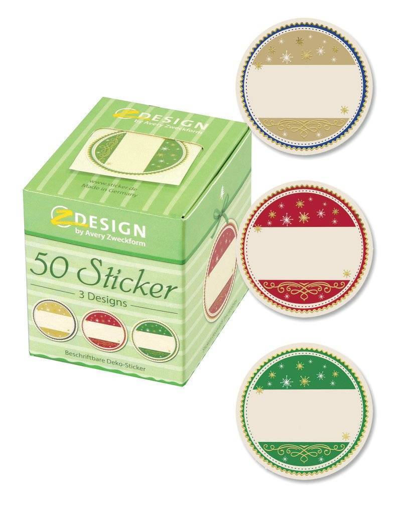 Grüne Schachtel mit Avery Zweckform Dekoraufklebern, gekennzeichnet mit „50 Sticker
