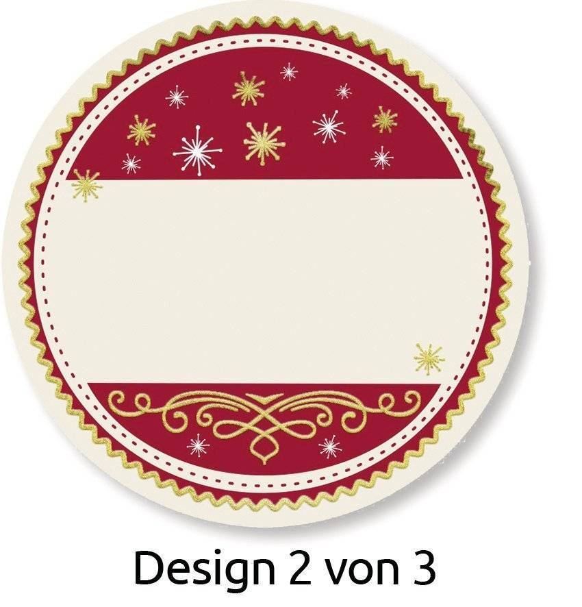 Dekoratives rundes Urlaubsetikett mit rotem und cremefarbenem Hintergrund, goldenen Sternen und verziertem Rand, leere Mitte für Text; Beschriftung lautet „Design 2 von 3
