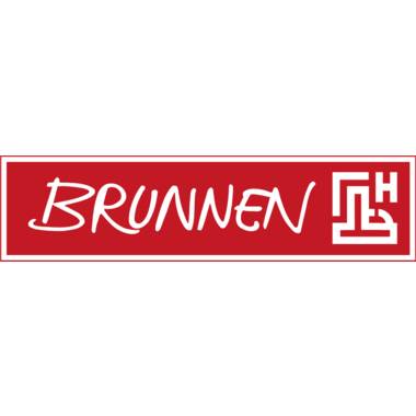 Rotes rechteckiges BRUNNEN-Logo mit weißem stilisiertem Text und einem geometrischen Monogramm-Symbol auf der rechten Seite.