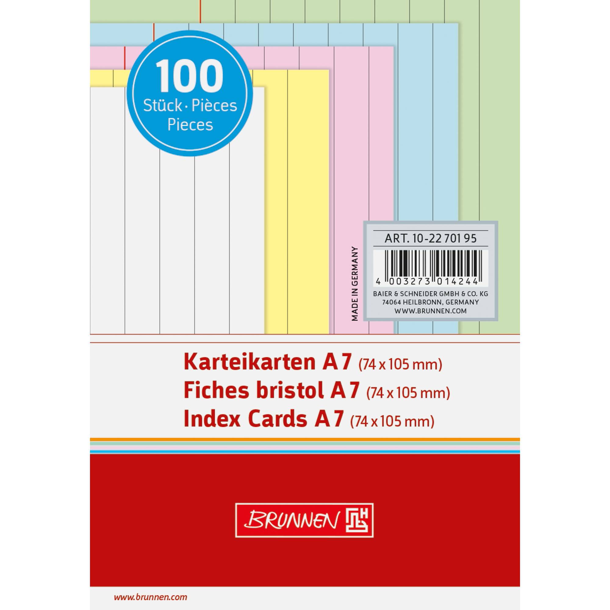 Packung mit 100 A7 Karteikarten, 74 x 105 mm, in verschiedenen Pastellfarben, Marke Brunnen.