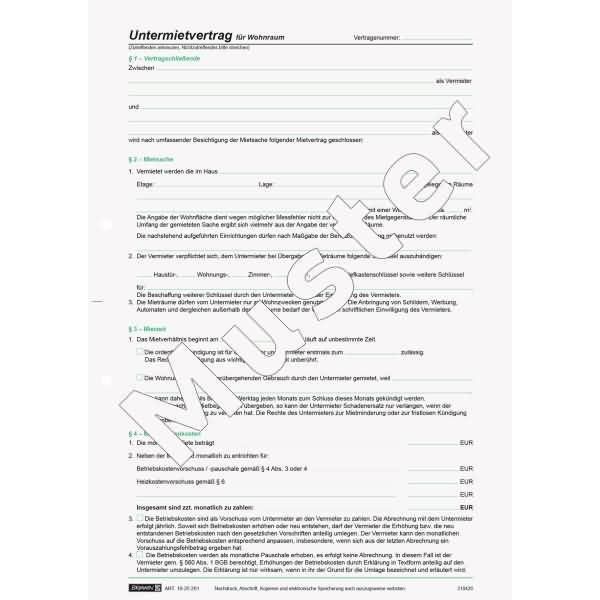 Untermietvertrag A4 4 Seiten