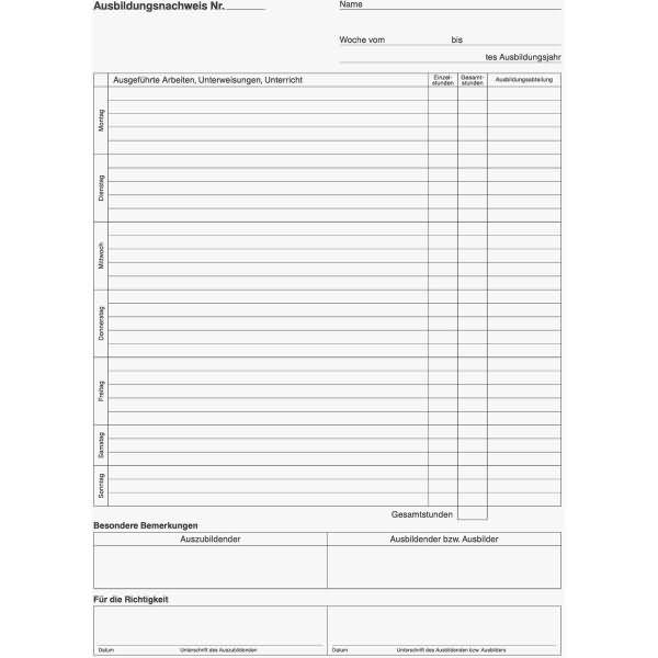 Ausbildungsnachweis-Block A4 1 Woche/Seite