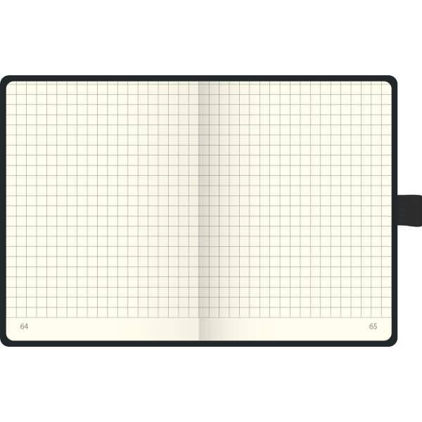 Offenes blanko Millimeterpapier-Notizbuch mit quadratischem Rastergitter auf den Seiten, Seitenzahlen 64 und 65, und schwarzem Bindereiter auf der rechten Seite.