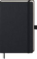 Ein geschlossenes schwarzes Notizbuch oder Planer mit Hardcover, hellfarbiger Seitenkante und einem sichtbaren Schlüsselband-Lesezeichen am unteren Ende.