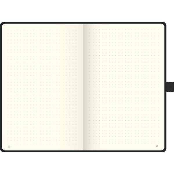 Aufgeschlagenes leeres Notizbuch mit gepunkteten Seiten und schwarzem Umschlag, zeigt die Seiten 20 und 21.