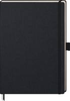 Schwarzes rechteckiges Notizbuch oder Planer mit einem Lesezeichenband und einem sichtbaren Gummiband am rechten Rand.