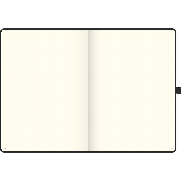 Ein offenes, leeres cremefarbenes Notizbuch oder Planer mit zwei leeren Seiten und einem sichtbaren Tab auf der rechten Seite, von oben betrachtet.