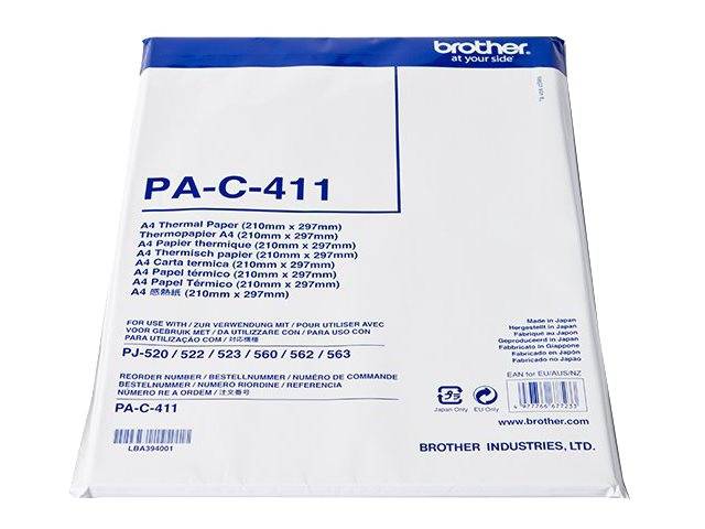 Brother PA-C-411 A4-Thermopapierpack, 210 mm x 297 mm, für Brother-Drucker, gezeigt in versiegelter Verpackung mit Produktcode und Barcode.