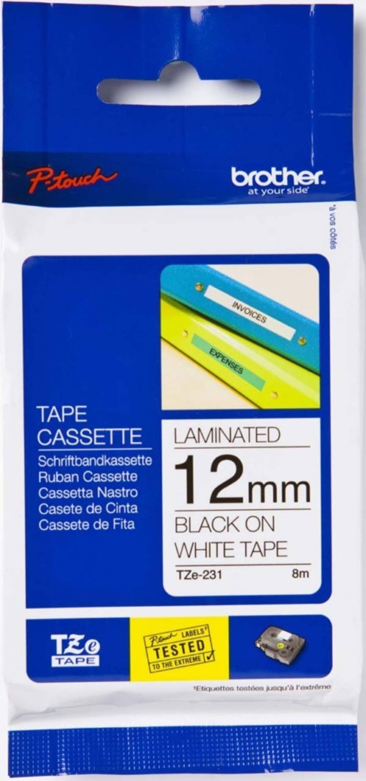 Brother P-touch laminiertes Etikettenbandkassette, 12 mm schwarz auf weiß, TZe-231, 8 m Länge, in blauer Verpackung.