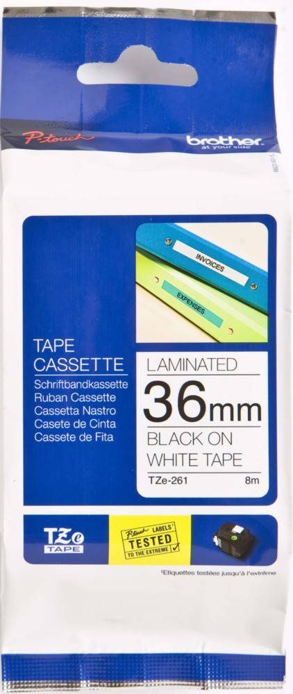 BESCHRIFTUNGSBAND 36mm SCHWARZ AUF WEIß BAND' Verpackung mit Bildern von beschrifteten Ordnern 'RECHNUNGEN' und 'AUSGABEN'. Geeignet für Beschriftungsgeräte.