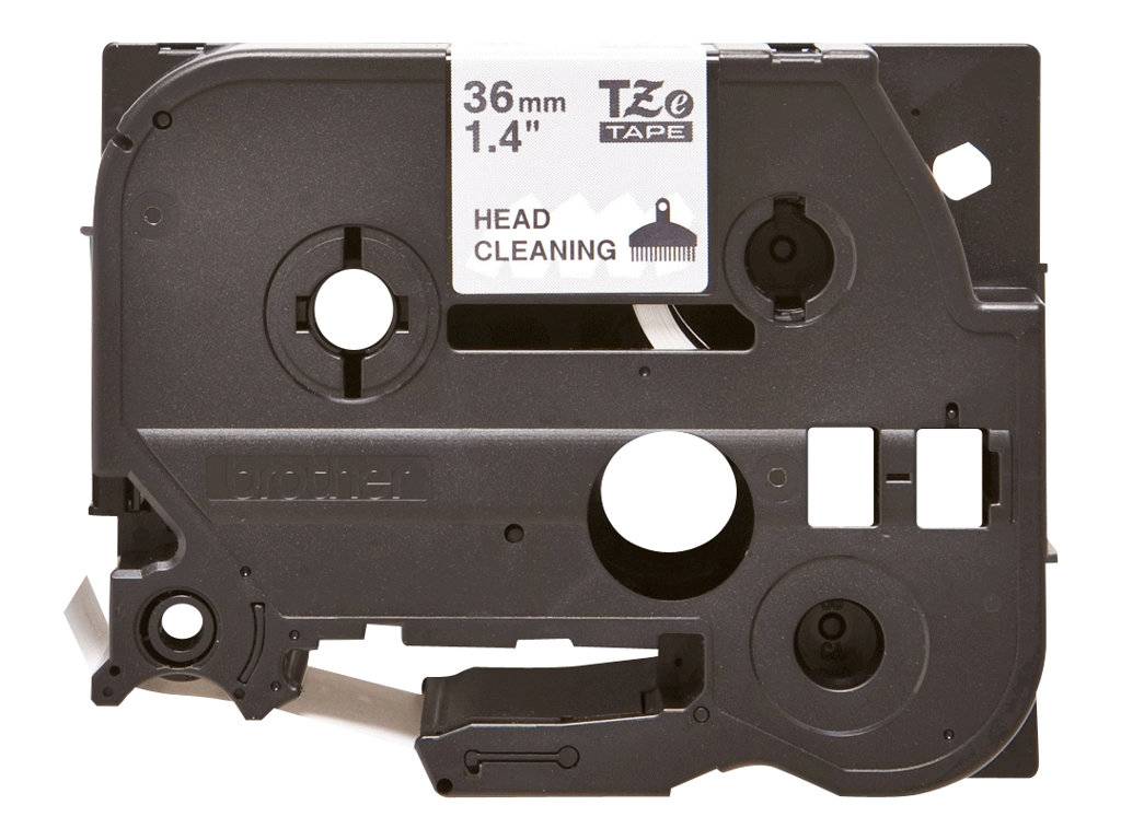 Schwarze TZe-Bandkassette mit der Beschriftung '36mm 1.4' und 'HEAD CLEANING' auf weißem Hintergrund