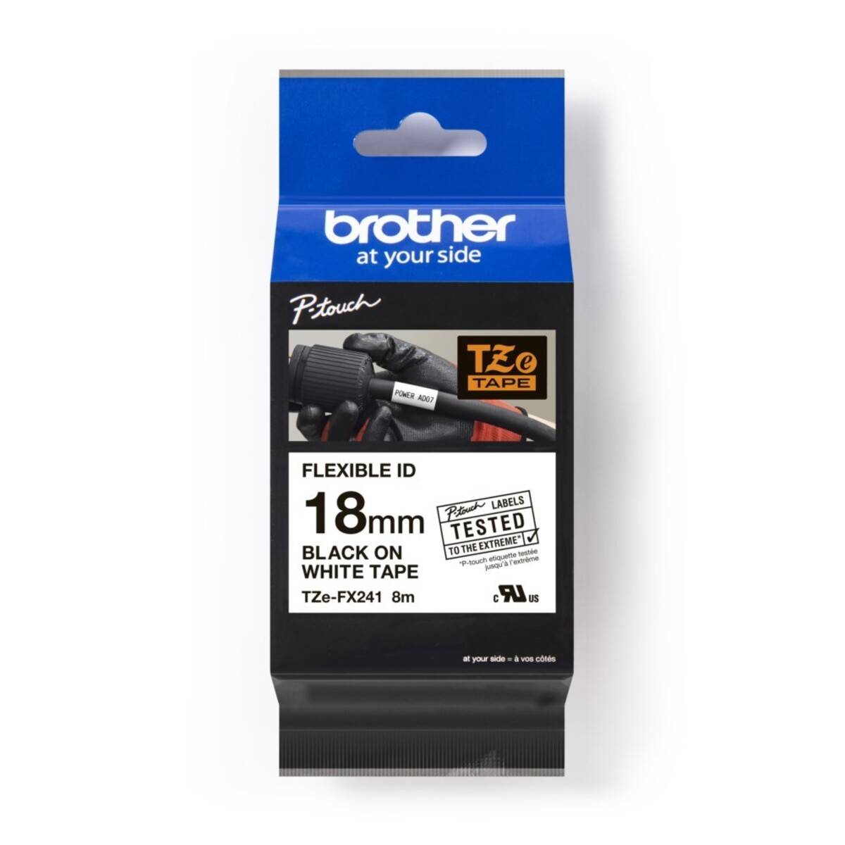 Brother P-touch TZ-Bandkassette für flexible ID-Etiketten, 18 mm schwarz auf weißem Band, Modell TZe-FX241, 8 m.