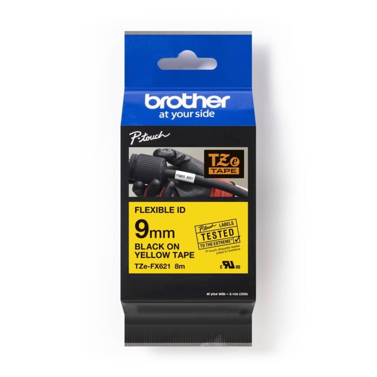 Brother P-touch TZe-Etikettenbandpaket, 9mm schwarz auf gelb flexibles ID-Band, Modell TZe-FX621, 8m.
