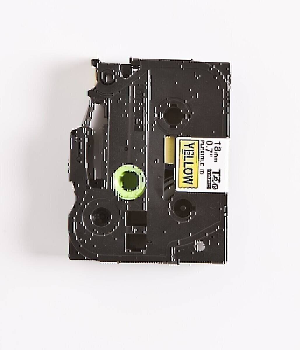Eine schwarze TZe-631 Beschriftungsband-Kassette mit einem gelben Etikett, die für Etikettendrucker verwendet wird. Das Etikett zeigt '18mm 0.7