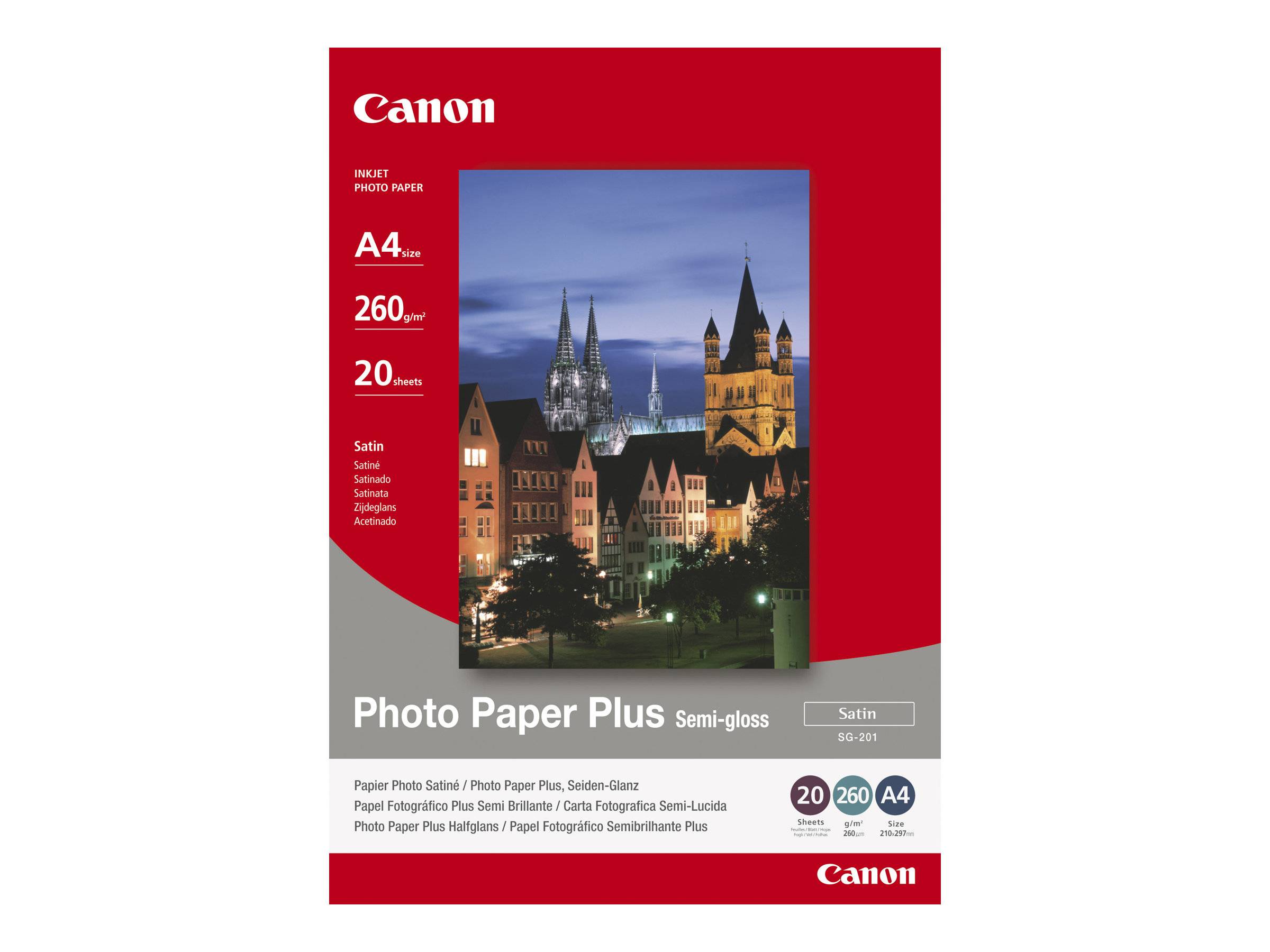 Canon Fotopapier Plus Semi-Gloss-Paket für A4-Tintenstrahldrucker mit Beispielbild einer nächtlichen Stadtlandschaft und Produktspezifikationen: 260 g/m², 20 Blatt.