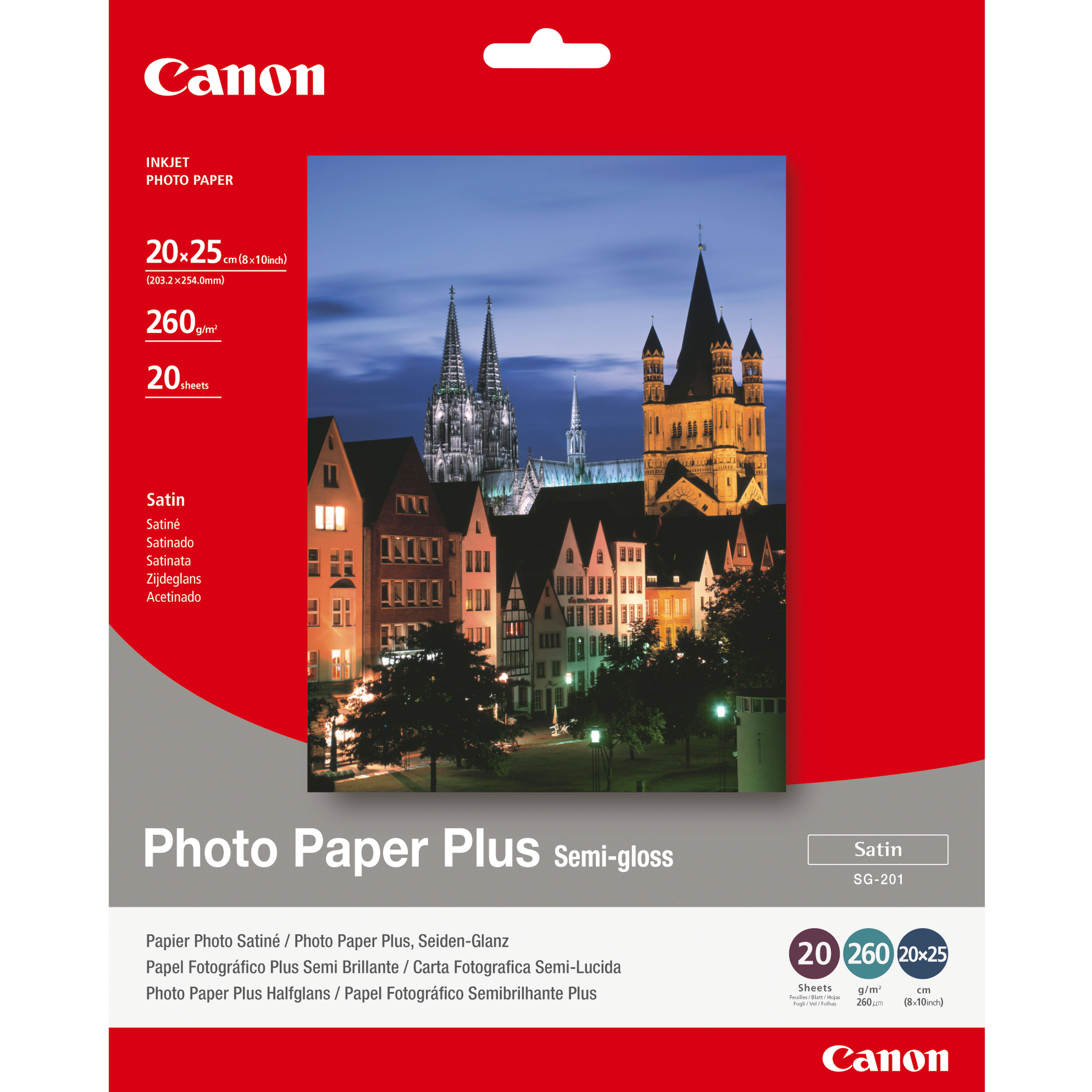 Canon Photo Paper Plus Semi-gloss Packung, rot-grau Verpackung mit einem Stadtfoto und Produktdetails auf der Vorderseite.