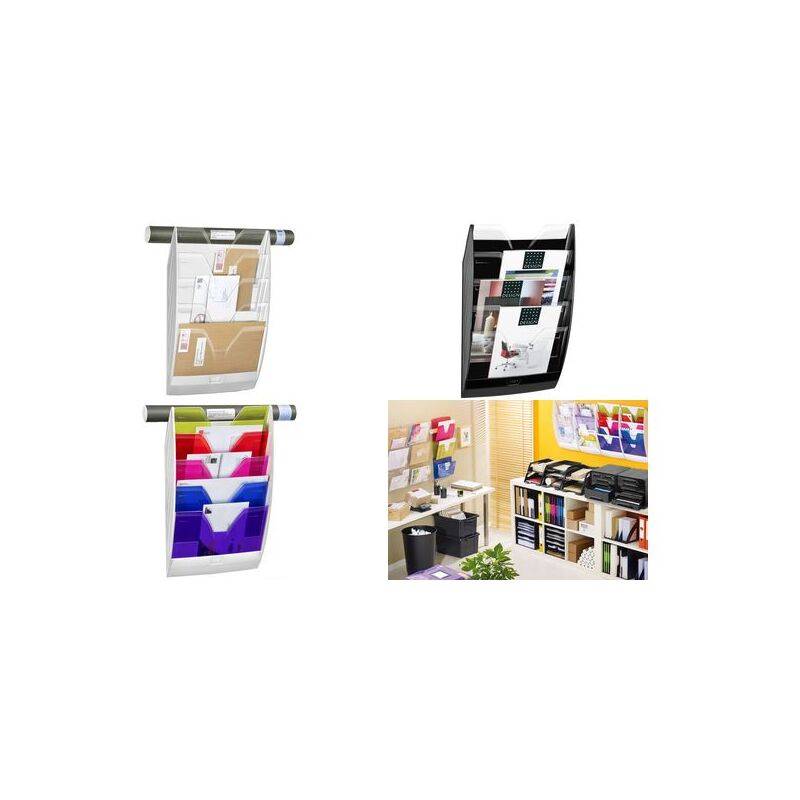 Eine Collage von Büro-Organisationsprodukten, darunter wandmontierte Aktenhalter und ein Schreibtisch-Organizer, die effiziente Dokumentenspeicherung veranschaulichen.