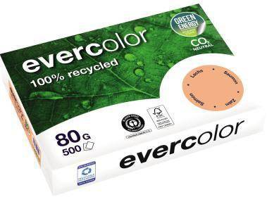 Packung Evercolor Kopierpapier, gekennzeichnet als 100% recycelt, 80 g, 500 Blatt, mit Grünenergie- und CO2-neutral-Abzeichen.