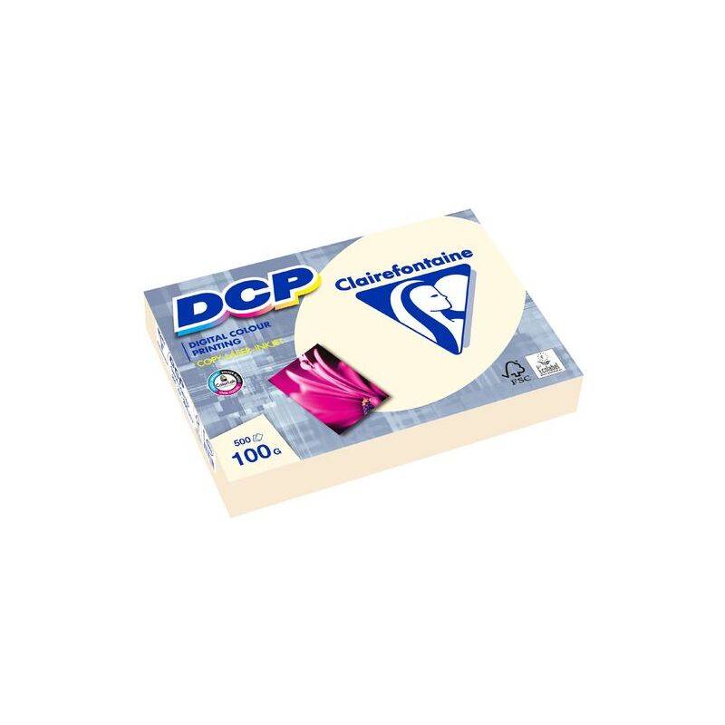 Ein Ries Clairefontaine DCP Digitales Farbdruckpapier mit einem Gewicht von 100g und 500 Blatt, mit Branding und Öko-Siegel.