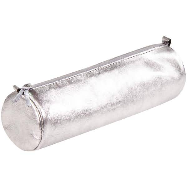 Schlampermäppchen Leder rund 5,5x22cm silver