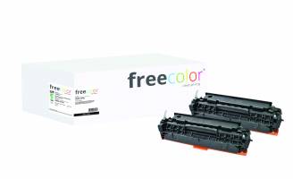 Freecolor-Tonerkartuschenbox und zwei schwarze Druckertoner-Kartuschen auf weißem Hintergrund.