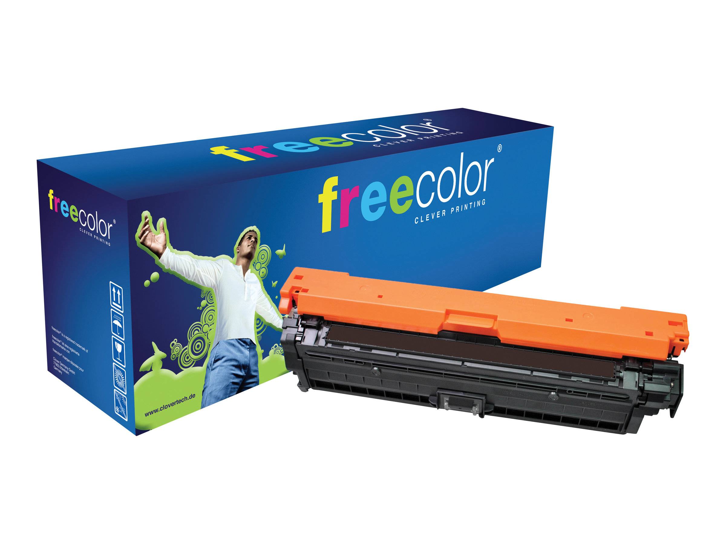 Eine Freecolor-Druckertonerkartusche, die neben ihrer blauen Produktverpackung gezeigt wird, beschriftet mit „freecolor