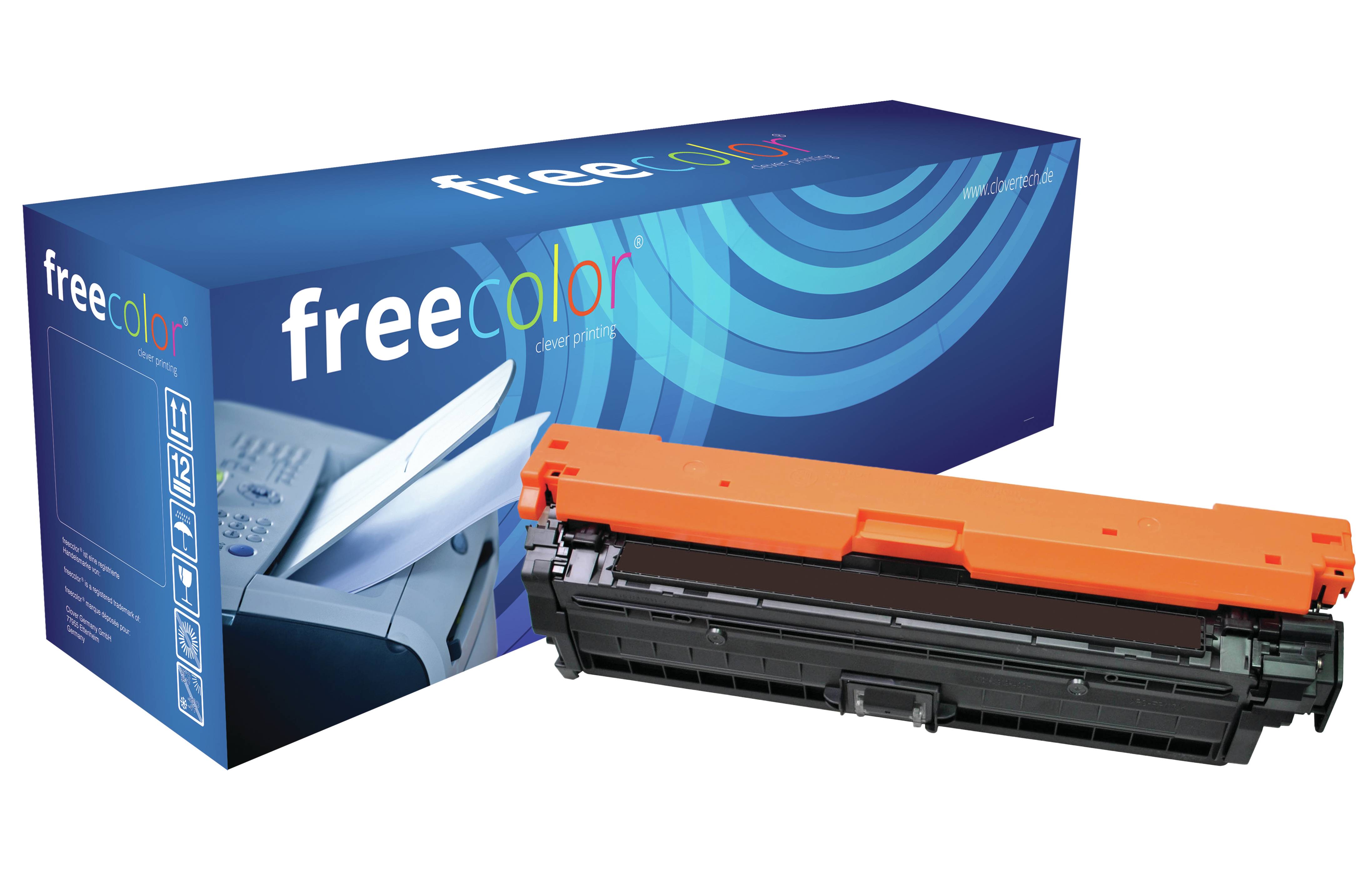 Freecolor-Tonerpatrone mit orangener Kappe und schwarzem Gehäuse, abgebildet neben ihrer Markenbrandverpackung.
