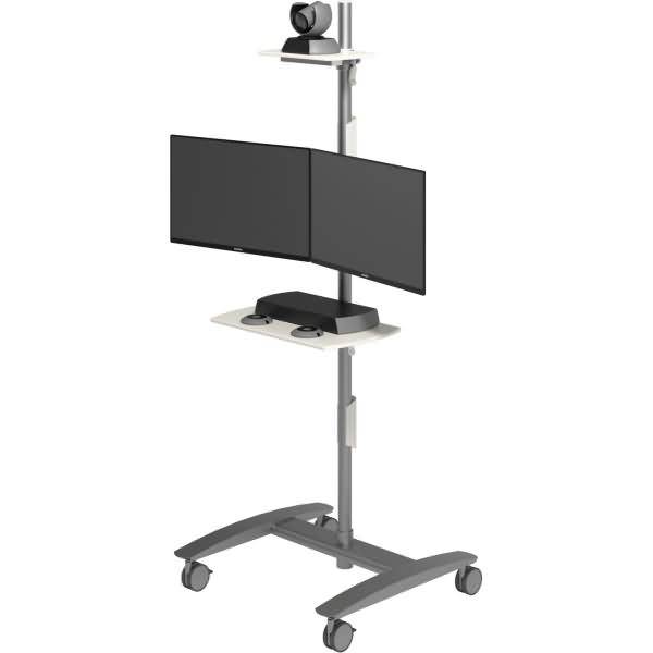 Mobiler medizinischer Arbeitswagen auf Rädern mit zwei Monitoren, Kamera oben und Regalen für Ausrüstung.