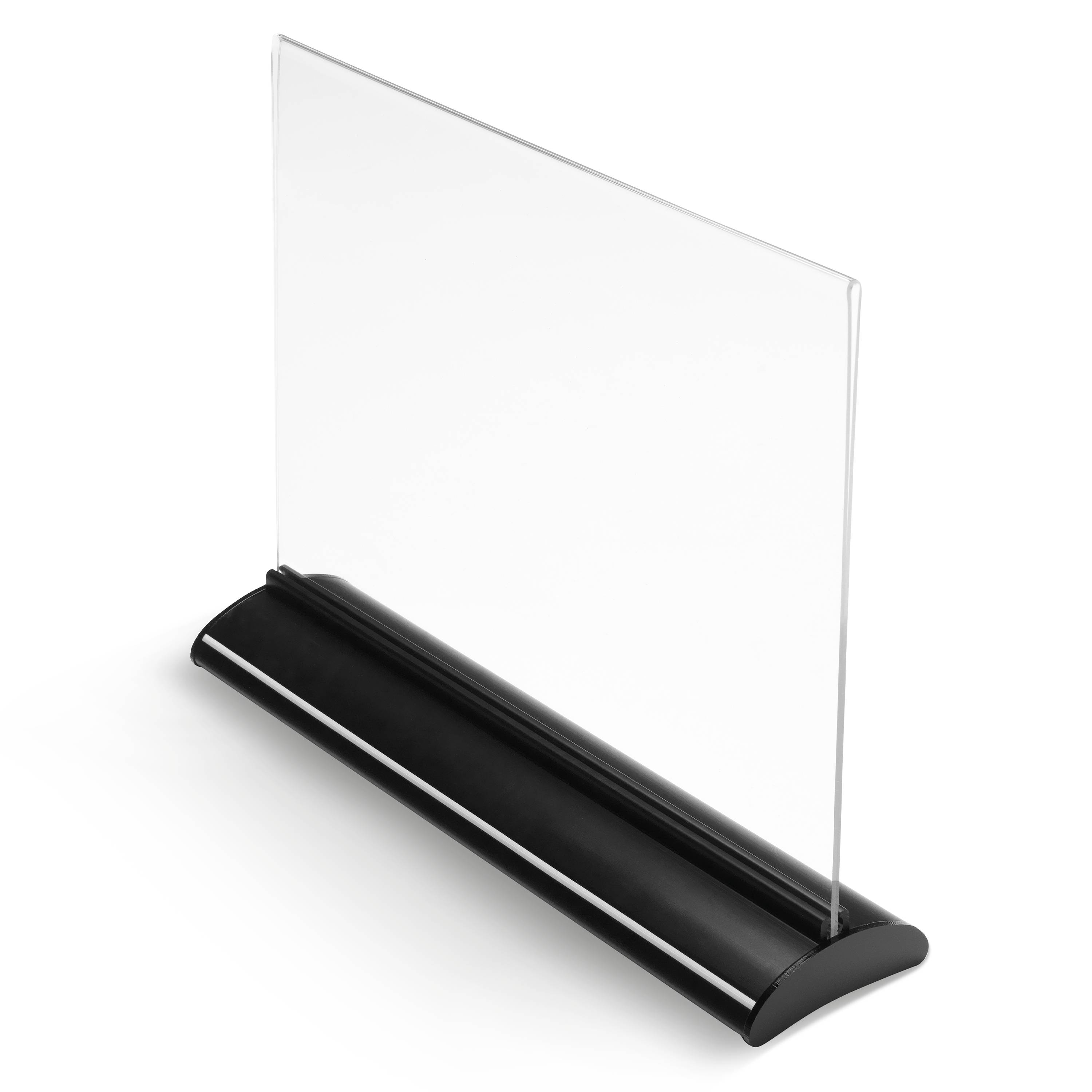 Ein durchsichtiger Acryl-Schildhalter mit einer flachen, schwarzen Basis, entwickelt zum Anzeigen von Papier- oder Karteneinlagen, vor einem schlichten schwarzen Hintergrund.