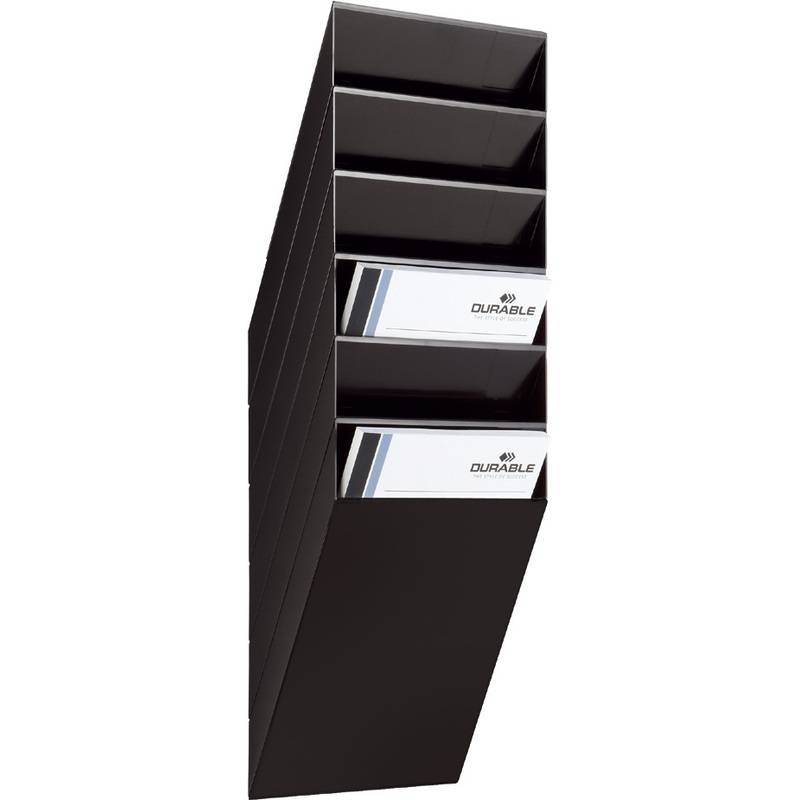 Schwarzer an der Wand montierter Dateiorganizer mit fünf geneigten Fächern, zwei davon mit „DURABLE