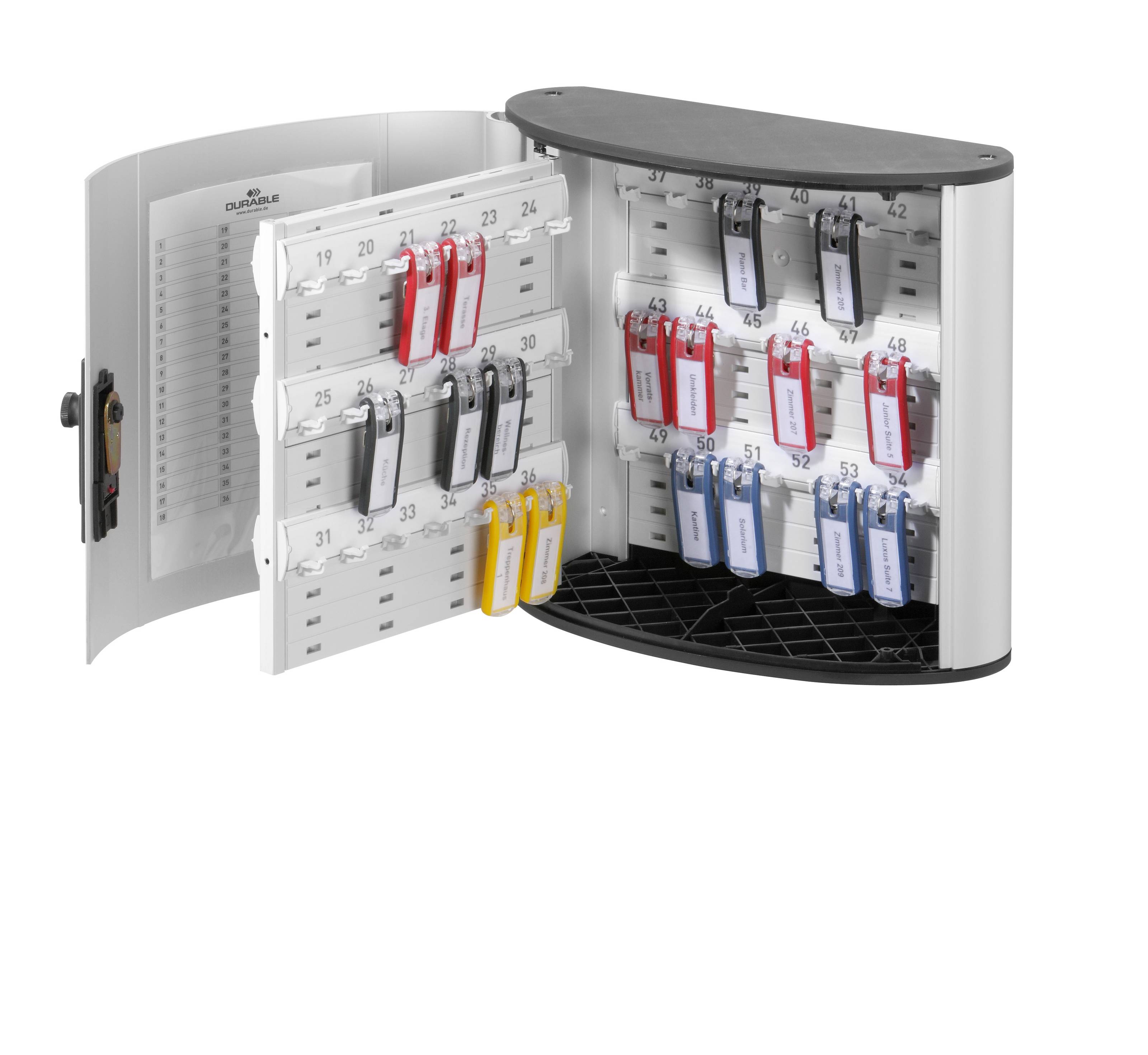 Offene wandmontierte Schlüsselschrank mit nummerierten Hakenfächern und mehrfarbigen Schlüsselanhängern zur organisierten Schlüsselverwaltung.