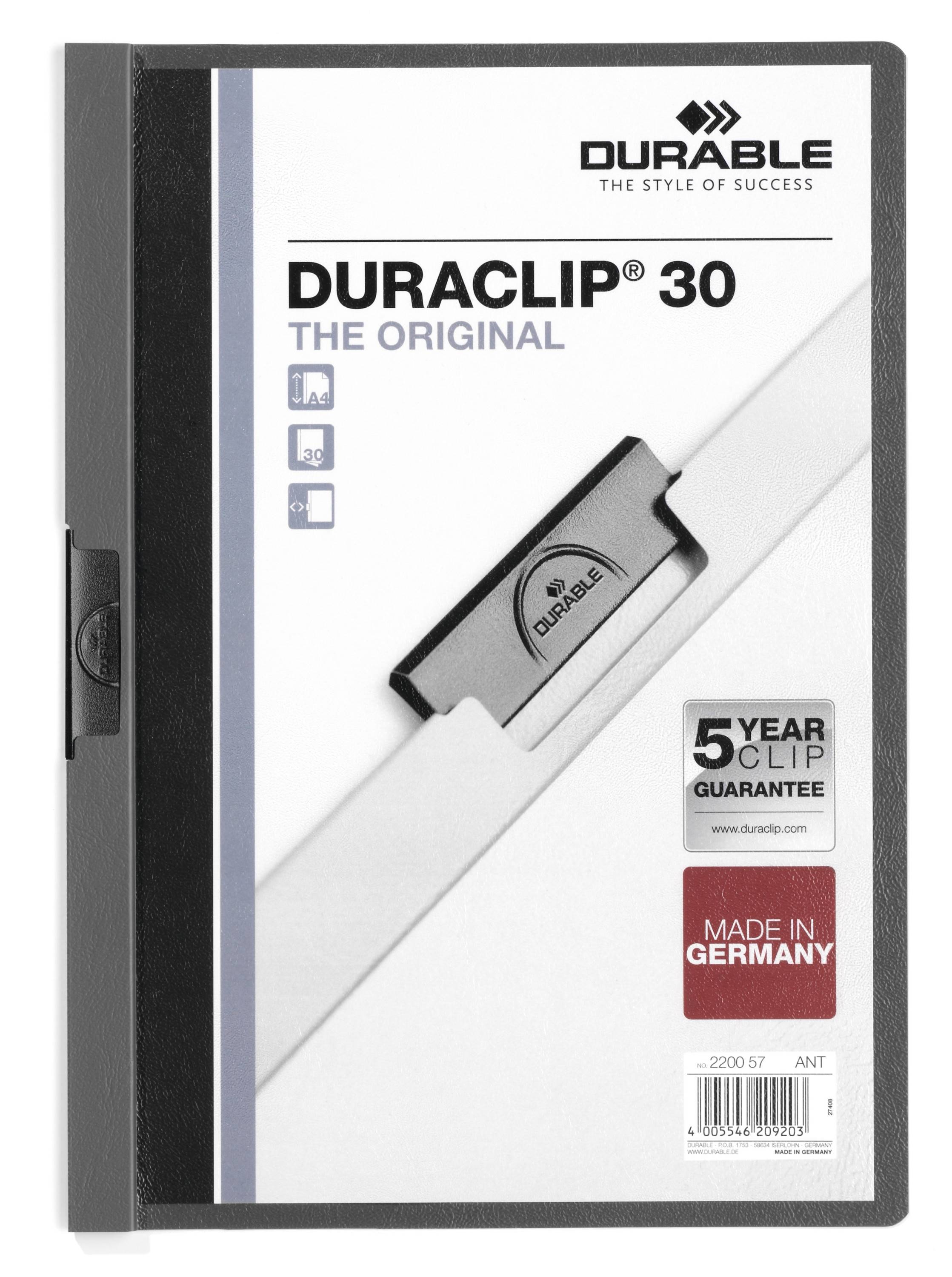 Produktverpackung für Durable DURACLIP 30 Dokumentenmappe, zeigt eine schwarze Klemmmappe mit 5-Jahres-Klemmgarantie und Made in Germany.