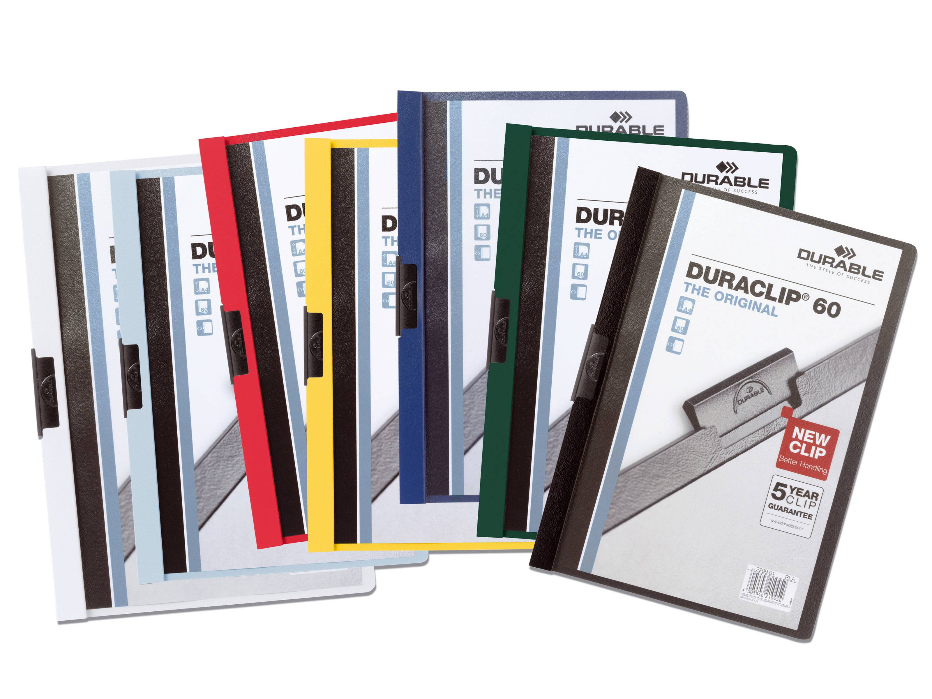 Stapel von Duraclip-Präsentationsmappen in mehreren Farben, die die Marke DURABLE und die Verpackung 