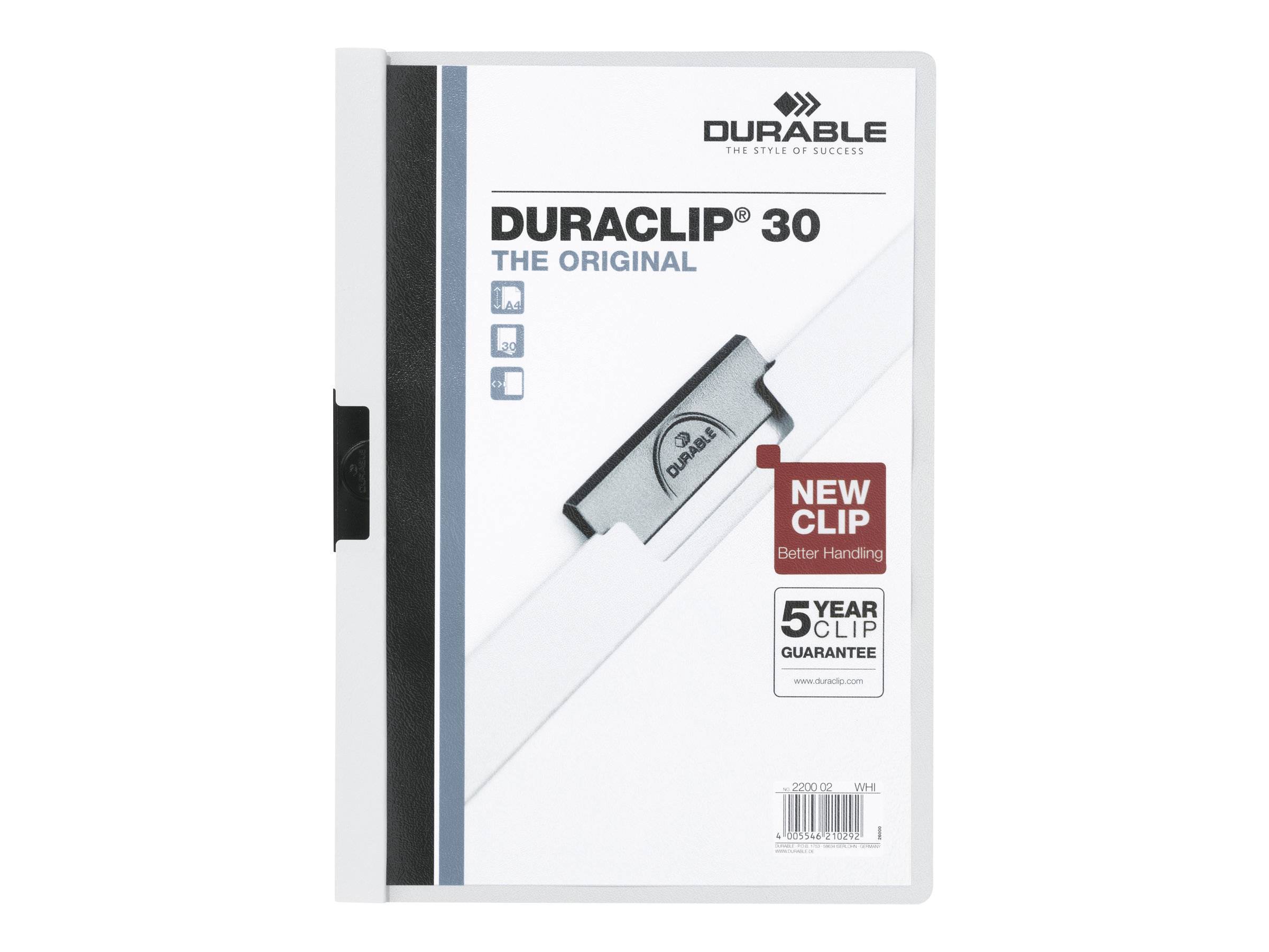 DURABLE DURACLIP ORIGINAL 30 RETAIL PACK - Klemmhefter - für A4 - Kapazität: 30 Blätter - Weiß mit transparentem Vorderd