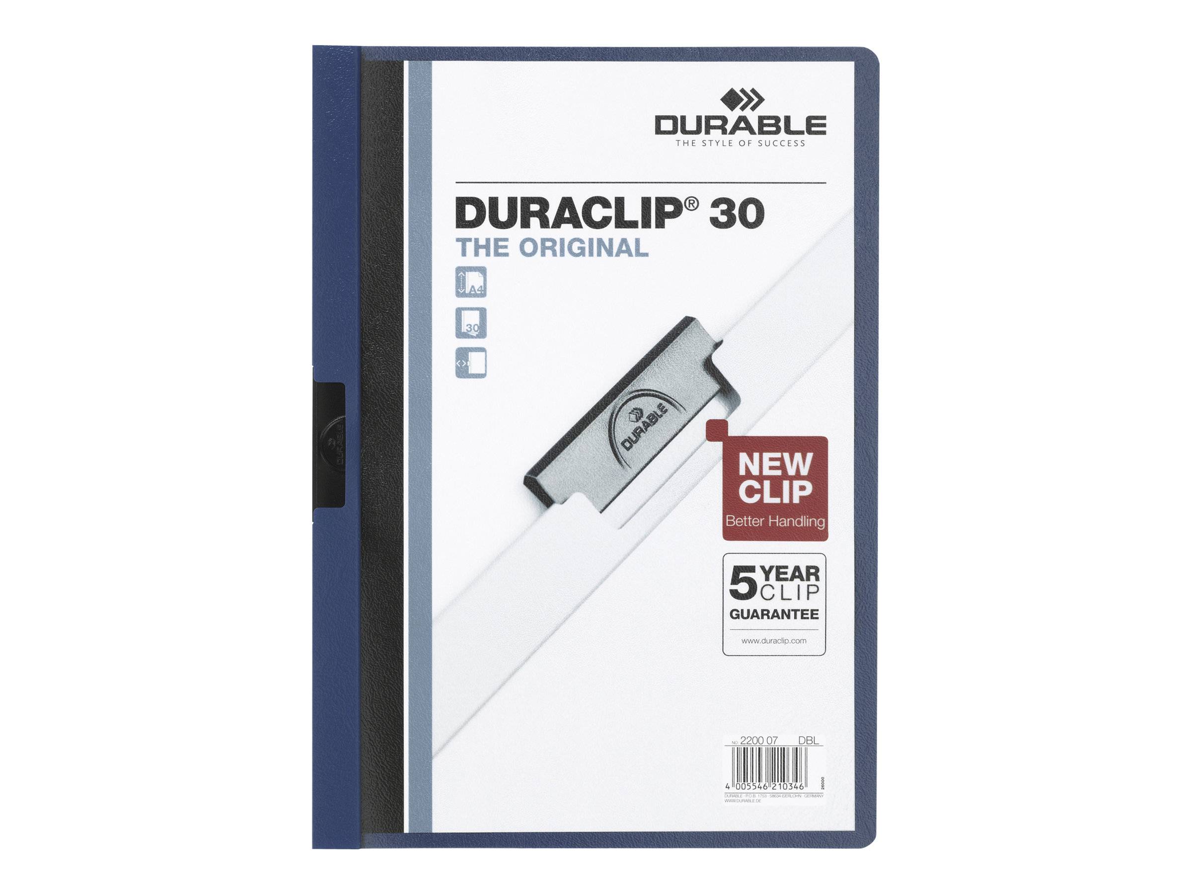 DURABLE DURACLIP ORIGINAL 30 - Klemmhefter - für A4 - Kapazität: 30 Blätter - blau mit transparentem Deckblatt (Packung