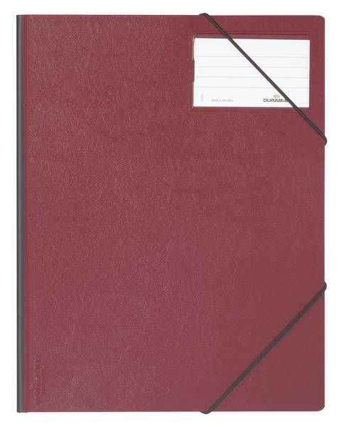 Maroon-Präsentationsmappe mit Gummizügen und einem transparenten Etikettenfeld oben rechts.