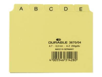 Gelber fünfteiliger A-Z-Registerreiter mit den Beschriftungen A, B, C, D, E, mit Durable-Branding und Barcode.