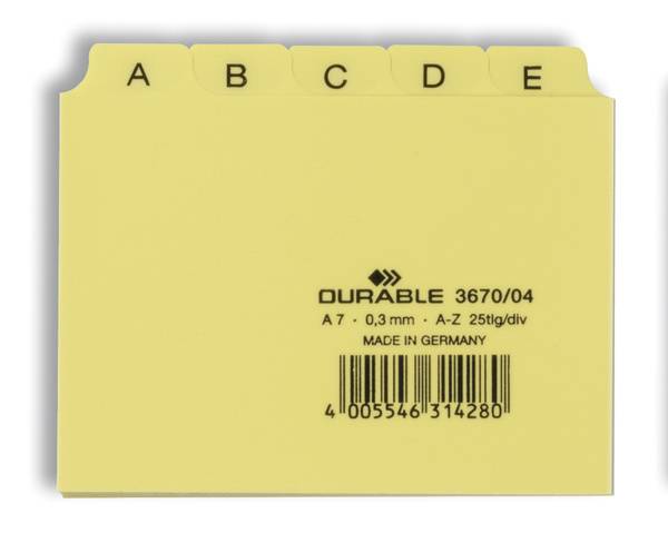 Gelbes Fünf-Reiter-Register A-Z mit Reitern beschriftet A bis E und Produkttext, Barcode und 