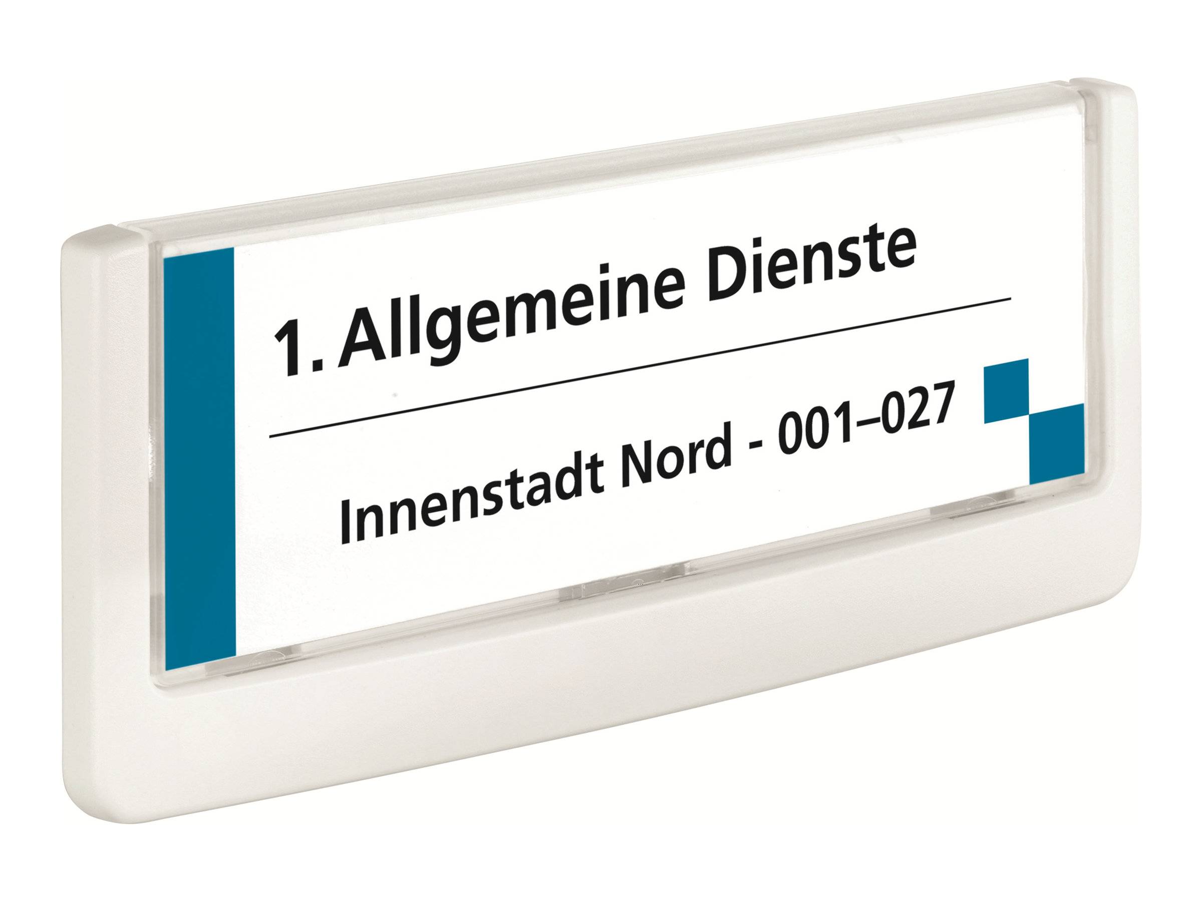 Wandmontiertes Richtungsschild mit der Aufschrift „1. Allgemeine Dienste